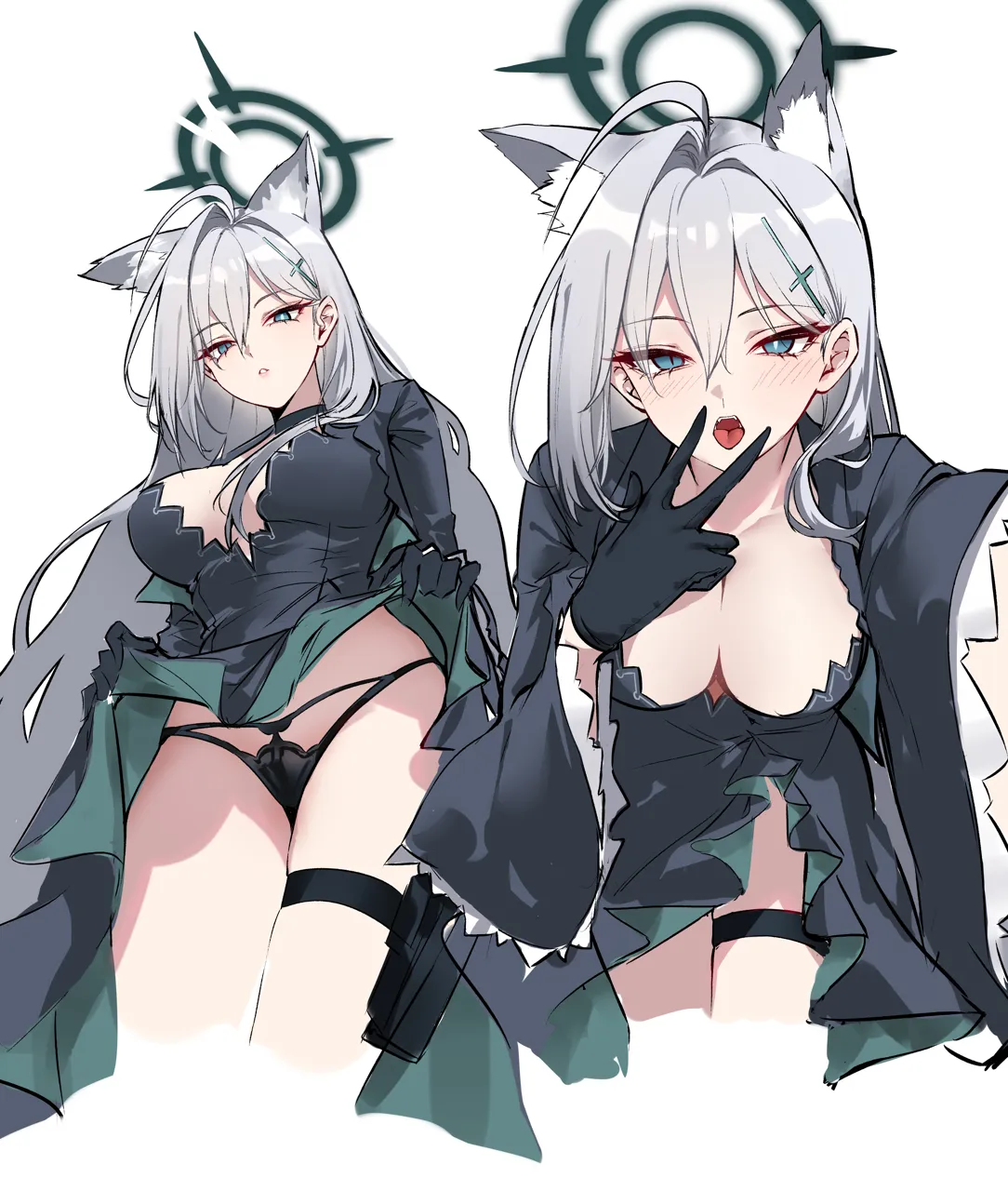 1girl ahoge animal_ear_fluff animal_ears black_dress black_gloves black_panties blue_archive blue_eyes blush breasts cleavage clothes_lift cross_hair_ornament cunnilingus_gesture dress dress_lift extra_ears gloves grey_hair hair_behind_ear hair_intakes hair_ornament halo large_breasts lifting_own_clothes long_hair mismatched_pupils multiple_views open_mouth panties parted_lips shigure_s shiroko__blue_archive shiroko_terror__blue_archive tongue tongue_out underwear very_long_hair wolf_ears