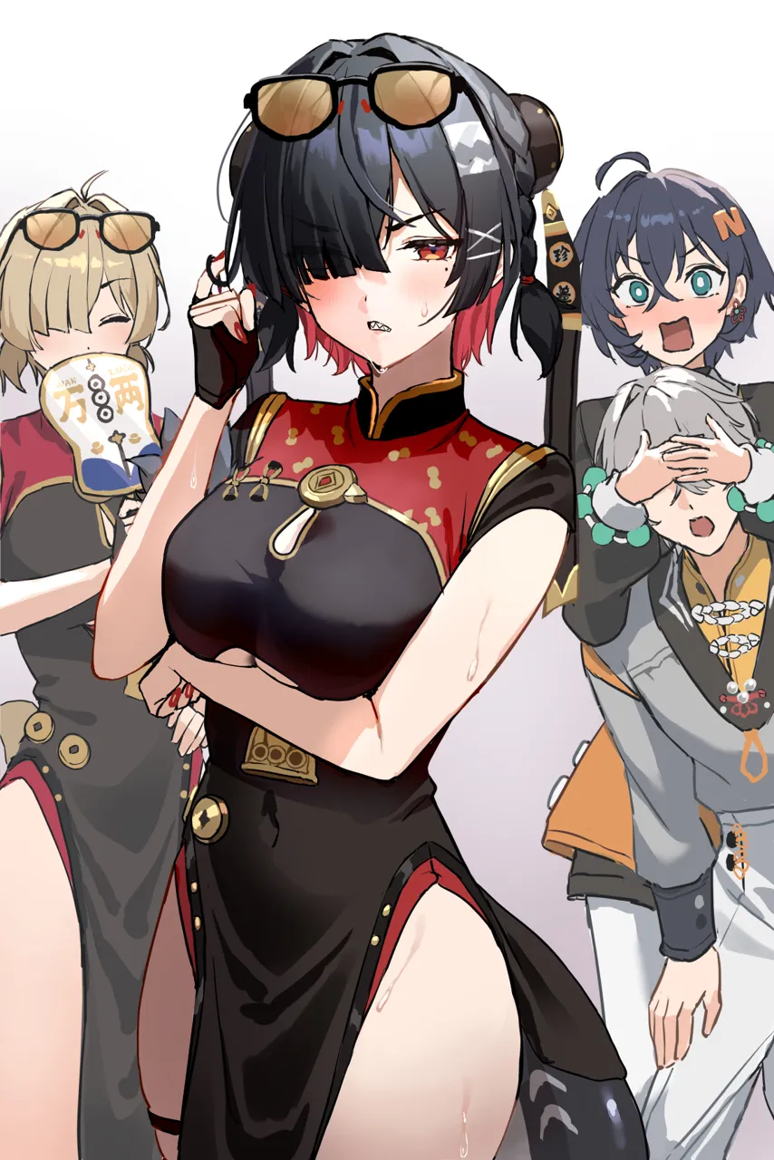 1boy 3girls ahoge bare_shoulders black_dress black_gloves black_hair black_shirt blue_hair blush breasts brother_and_sister brown_hair china_dress chinese_clothes clenched_teeth colored_inner_hair cosplay covering_another_s_eyes dress eyewear_on_head fingerless_gloves fins fish_tail gloves green_eyes grey_hair grey_shirt hair_ornament hair_over_one_eye hand_fan large_breasts letter_hair_ornament long_sleeves looking_at_viewer low_twintails medium_breasts multicolored_hair multiple_girls orange_tinted_eyewear orange_skirt pants pelvic_curtain red_dress red_eyes red_hair shark_girl shark_tail shirt short_hair short_twintails siblings side_slit single_fingerless_glove skirt sunglasses sweety__zenless_zone_zero__cosplay tail teeth thighs tinted_eyewear twintails two_tone_dress white_pants uuroncha zenless_zone_zero belle__delicate_sunlight__zenless_zone_zero belle__zenless_zone_zero ellen_joe__zenless_zone_zero sweety__zenless_zone_zero wise__soaring_crane__zenless_zone_zero wise__zenless_zone_zero