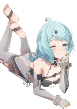 1girl ahoge aqua_eyes aqua_hair blush braid breasts cleavage feet_up full_body gloves looking_at_viewer lying medium_breasts mole mole_on_shoulder on_stomach one_eye_closed see_through_dress_layer side_slit simple_background smile soles solo stirrup_legwear toeless_legwear toes white_background gaohuang43450 zenless_zone_zero seed__zenless_zone_zero
