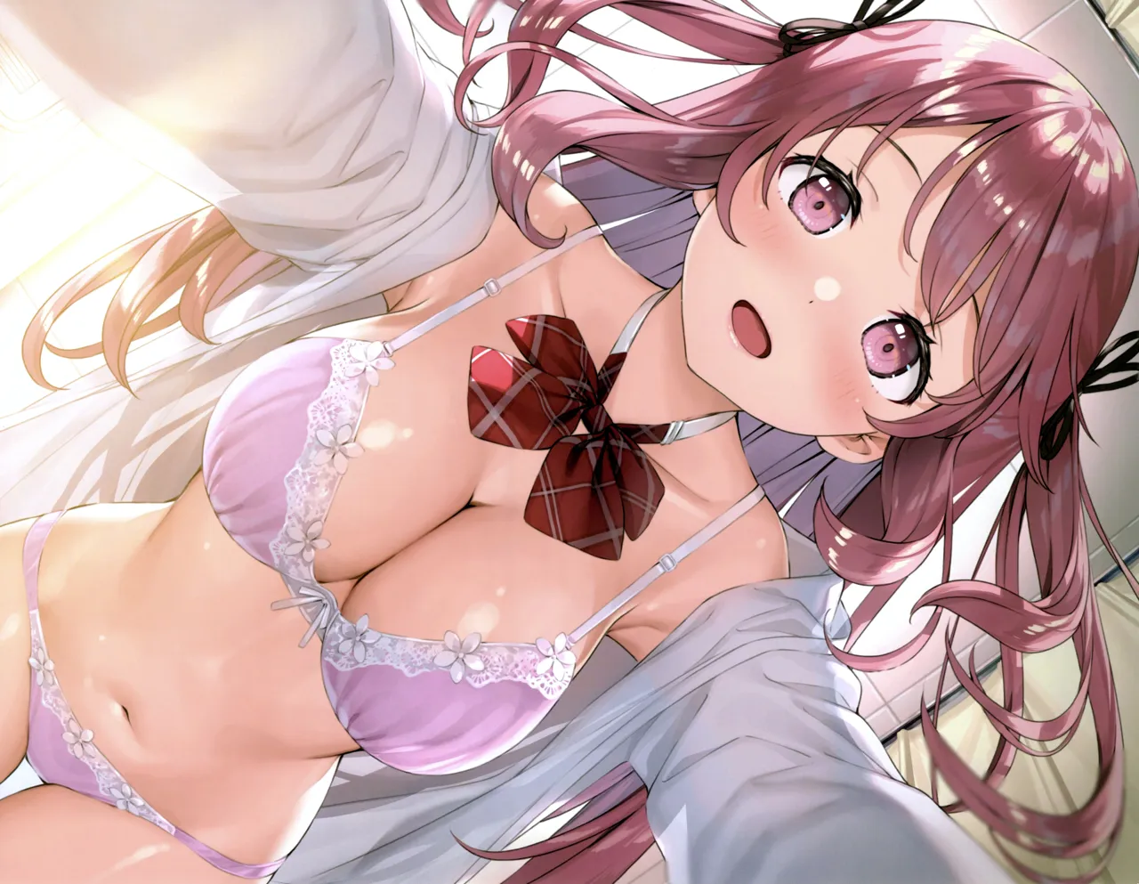 1girl all_fours blush bow bowtie bra breasts cleavage curtains dutch_angle from_below hair_ribbon indoors kantoku kurumi__kantoku large_breasts long_hair navel off_shoulder open_clothes open_mouth open_shirt panties pink_bra pink_eyes pink_hair pink_panties pov ribbon see_through_clothes sidelocks smile solo two_side_up underwear