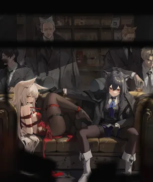 2girls 4boys animal_ears at_gunpoint ball_gag bdsm black_gloves black_hair black_jacket black_pantyhose black_suit blonde_hair blue_necktie bound bound_arms brown_hair cigar couch cup dress fold_over_boots gag gloves grey_hair gun holding holding_cigar holding_cup holding_gun holding_weapon indoors jacket long_hair looking_at_viewer multiple_boys multiple_girls necktie on_couch pantyhose red_dress red_eyes shibari shibari_over_clothes short_hair sleeveless sleeveless_dress suit suit_jacket thigh_strap threat weapon white_footwear yellow_eyes leviathan__hikinito0902 arknights texas__arknights texas_the_omertosa__arknights watarai_alice