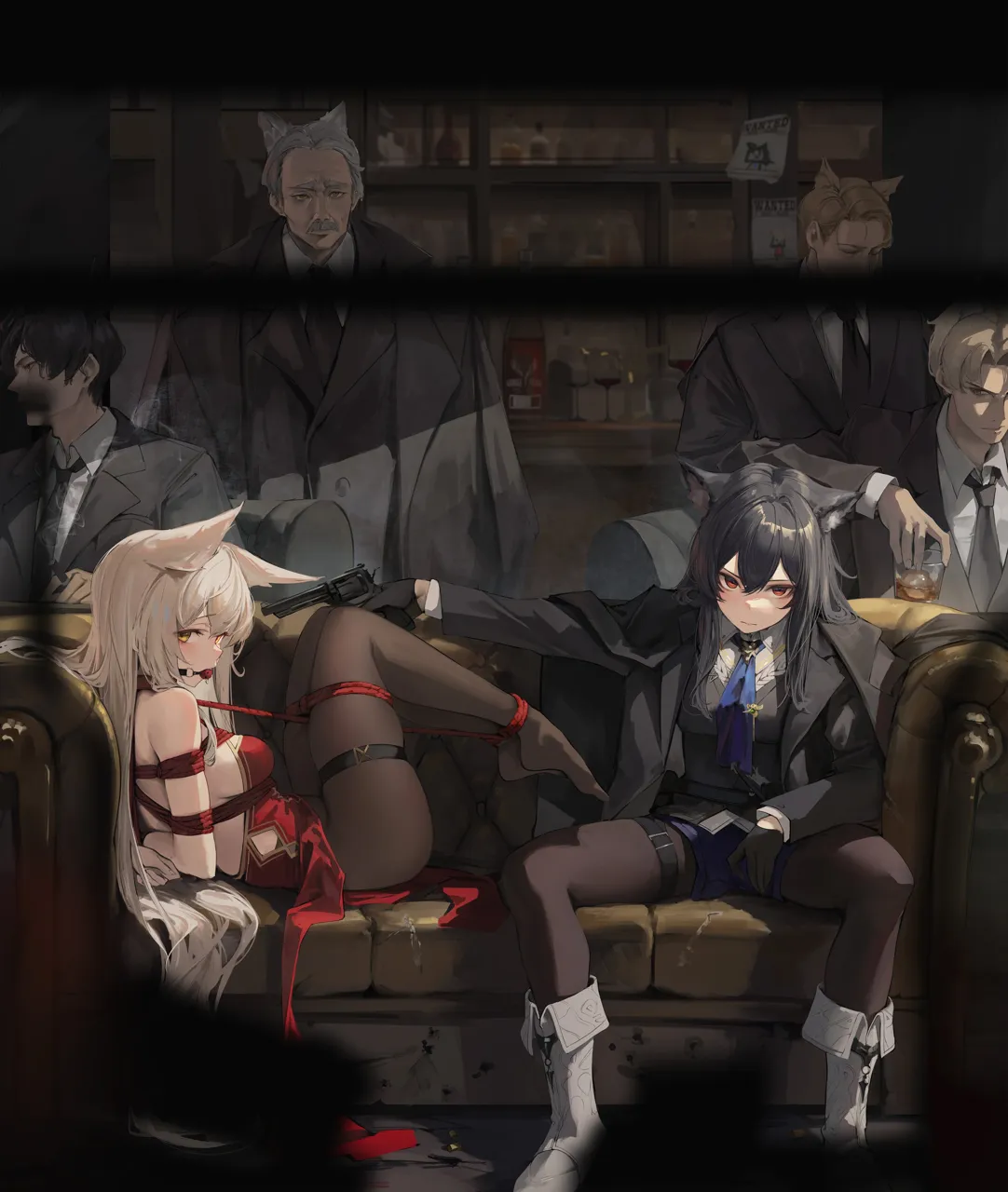 2girls 4boys animal_ears at_gunpoint ball_gag bdsm black_gloves black_hair black_jacket black_pantyhose black_suit blonde_hair blue_necktie bound bound_arms brown_hair cigar couch cup dress fold_over_boots gag gloves grey_hair gun holding holding_cigar holding_cup holding_gun holding_weapon indoors jacket long_hair looking_at_viewer multiple_boys multiple_girls necktie on_couch pantyhose red_dress red_eyes shibari shibari_over_clothes short_hair sleeveless sleeveless_dress suit suit_jacket thigh_strap threat weapon white_footwear yellow_eyes leviathan__hikinito0902 arknights texas__arknights texas_the_omertosa__arknights watarai_alice