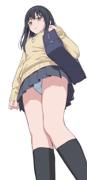 1girl bag black_hair black_socks blue_skirt cardigan closed_mouth crotch_seam from_below hair_between_eyes kneehighs long_hair long_sleeves looking_at_viewer looking_down mieruko_chan mikazuchi_zeus panties pleated_skirt school_uniform shoulder_bag skirt sleeves_past_wrists socks solo standing underwear upskirt white_panties yellow_cardigan yellow_eyes yotsuya_miko