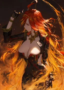 1girl ahoge biker_clothes bikesuit black_bodysuit black_gloves bodysuit bracelet breasts cleavage dark_background earrings eyewear_on_head fingerless_gloves fire gloves jewelry orange_eyes orange_hair orange_pupils solo strapless_bodysuit sun_earrings sunglasses zipper sib__9obsl genshin_impact mavuika__genshin_impact