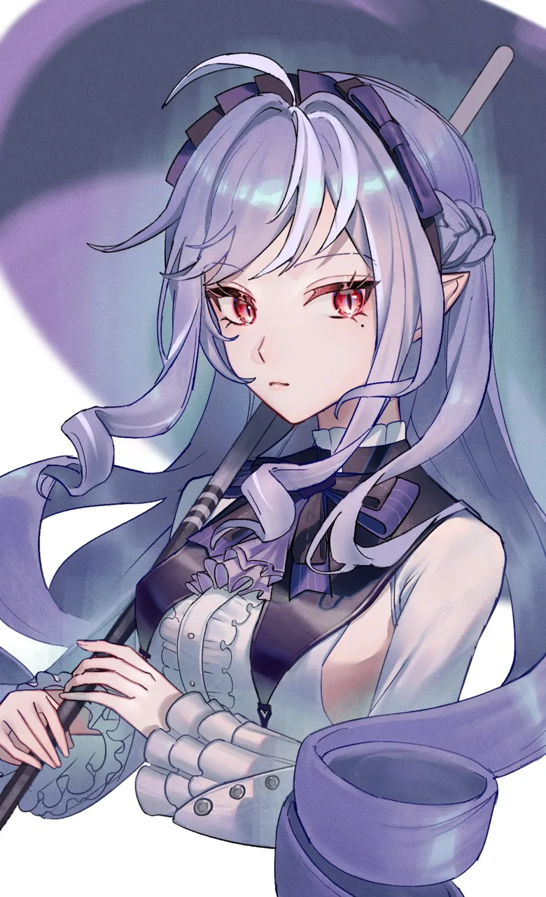 1girl ahoge blurry blurry_background bow bowtie breasts collared_dress dress hairband holding holding_umbrella light_frown long_hair low_twintails parasol pink_lips pointy_ears purple_bow purple_bowtie purple_hair purple_hairband purple_umbrella red_eyes sideboob solo twintails umbrella white_background fuli__narumiyafuri zenless_zone_zero vivian__zenless_zone_zero
