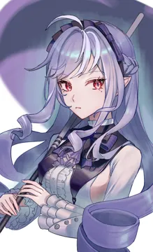 1girl ahoge blurry blurry_background bow bowtie breasts collared_dress dress hairband holding holding_umbrella light_frown long_hair low_twintails parasol pink_lips pointy_ears purple_bow purple_bowtie purple_hair purple_hairband purple_umbrella red_eyes sideboob solo twintails umbrella white_background fuli__narumiyafuri zenless_zone_zero vivian__zenless_zone_zero