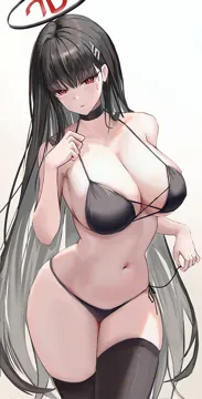 1girl alternate_costume bare_arms bare_shoulders bikini black_bikini black_choker black_hair black_halo black_thighhighs blue_archive blush breasts bright_pupils choker cleavage collarbone cowboy_shot hair_ornament hairpin halo large_breasts long_hair looking_at_viewer naad navel parted_lips red_eyes rio__blue_archive side_tie_bikini_bottom sideboob simple_background solo stomach swimsuit thighhighs very_long_hair white_background white_pupils