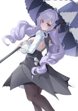 1girl backless_dress backless_outfit black_hairband black_pantyhose breasts dress drill_hair feet_out_of_frame hairband holding holding_umbrella long_hair long_sleeves looking_at_viewer mole mole_under_eye pantyhose parted_lips pointy_ears purple_hair red_eyes sideboob simple_background solo standing umbrella white_background 2nom_shiki zenless_zone_zero vivian__zenless_zone_zero