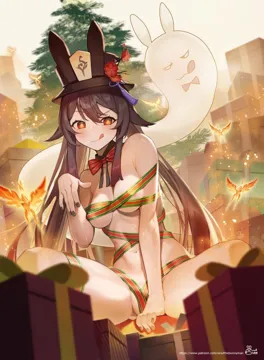 1girl bird blurry blurry_background blurry_foreground blush box breasts bug butterfly christmas christmas_tree depth_of_field fire flame foreshortening gift gift_box hat long_hair looking_at_viewer medium_breasts motion_blur naked_ribbon navel pov rabbit_ears ribbon sitting tongue tongue_out siriuflong genshin_impact amber__genshin_impact