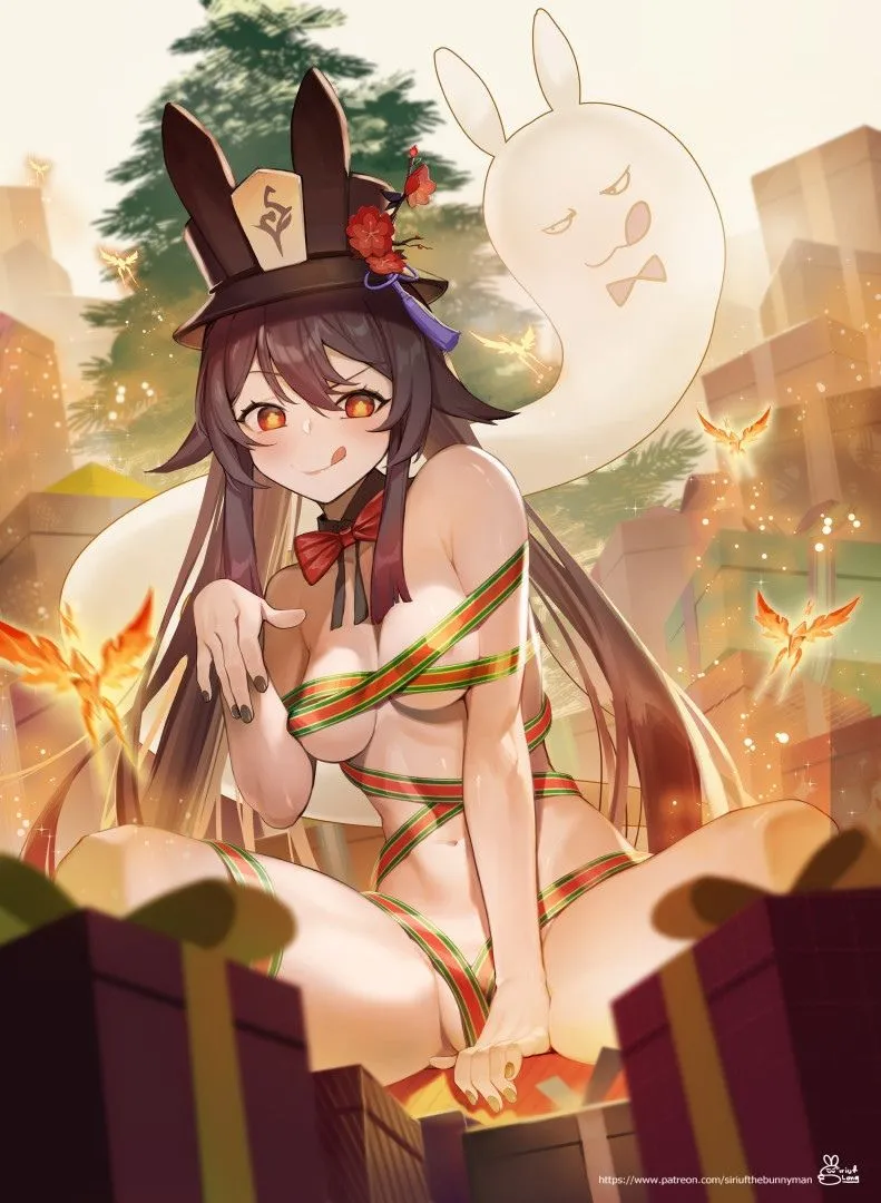 1girl bird blurry blurry_background blurry_foreground blush box breasts bug butterfly christmas christmas_tree depth_of_field fire flame foreshortening gift gift_box hat long_hair looking_at_viewer medium_breasts motion_blur naked_ribbon navel pov rabbit_ears ribbon sitting tongue tongue_out siriuflong genshin_impact amber__genshin_impact
