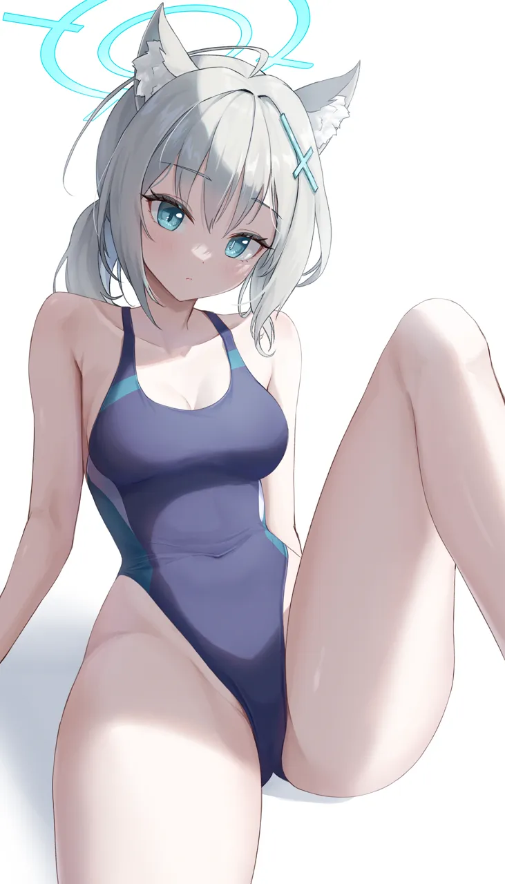 1girl animal_ear_fluff animal_ears blue_eyes breasts closed_mouth collarbone competition_swimsuit covered_navel cross_hair_ornament grey_hair hair_ornament halo highleg highleg_one_piece_swimsuit knee_up looking_at_viewer medium_breasts official_alternate_costume one_piece_swimsuit simple_background sitting solo swimsuit white_background wolf_ears nasol blue_archive shiroko__blue_archive shiroko__swimsuit__blue_archive