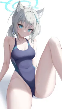 1girl animal_ear_fluff animal_ears blue_eyes breasts closed_mouth collarbone competition_swimsuit covered_navel cross_hair_ornament grey_hair hair_ornament halo highleg highleg_one_piece_swimsuit knee_up looking_at_viewer medium_breasts official_alternate_costume one_piece_swimsuit simple_background sitting solo swimsuit white_background wolf_ears nasol blue_archive shiroko__blue_archive shiroko__swimsuit__blue_archive