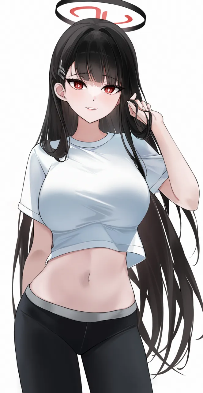 1girl alternate_costume arm_behind_back black_hair black_halo black_pants blue_archive breasts bright_pupils contrapposto cowboy_shot crop_top hair_ornament hairclip halo large_breasts lebring long_hair navel pants red_eyes rio__blue_archive shirt simple_background smile solo stomach very_long_hair white_background white_pupils white_shirt yoga_pants