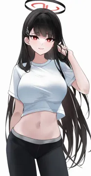 1girl alternate_costume arm_behind_back black_hair black_halo black_pants blue_archive breasts bright_pupils contrapposto cowboy_shot crop_top hair_ornament hairclip halo large_breasts lebring long_hair navel pants red_eyes rio__blue_archive shirt simple_background smile solo stomach very_long_hair white_background white_pupils white_shirt yoga_pants