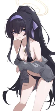 1girl bare_shoulders bikini black_bikini black_hair blue_eyes blush breasts collarbone grey_sweater hairband halo jewelry long_hair long_sleeves looking_at_viewer necklace official_alternate_costume open_clothes open_mouth ponytail sidelocks small_breasts solo sweater swimsuit thighs very_long_hair sukaliya blue_archive ui__blue_archive ui__swimsuit__blue_archive
