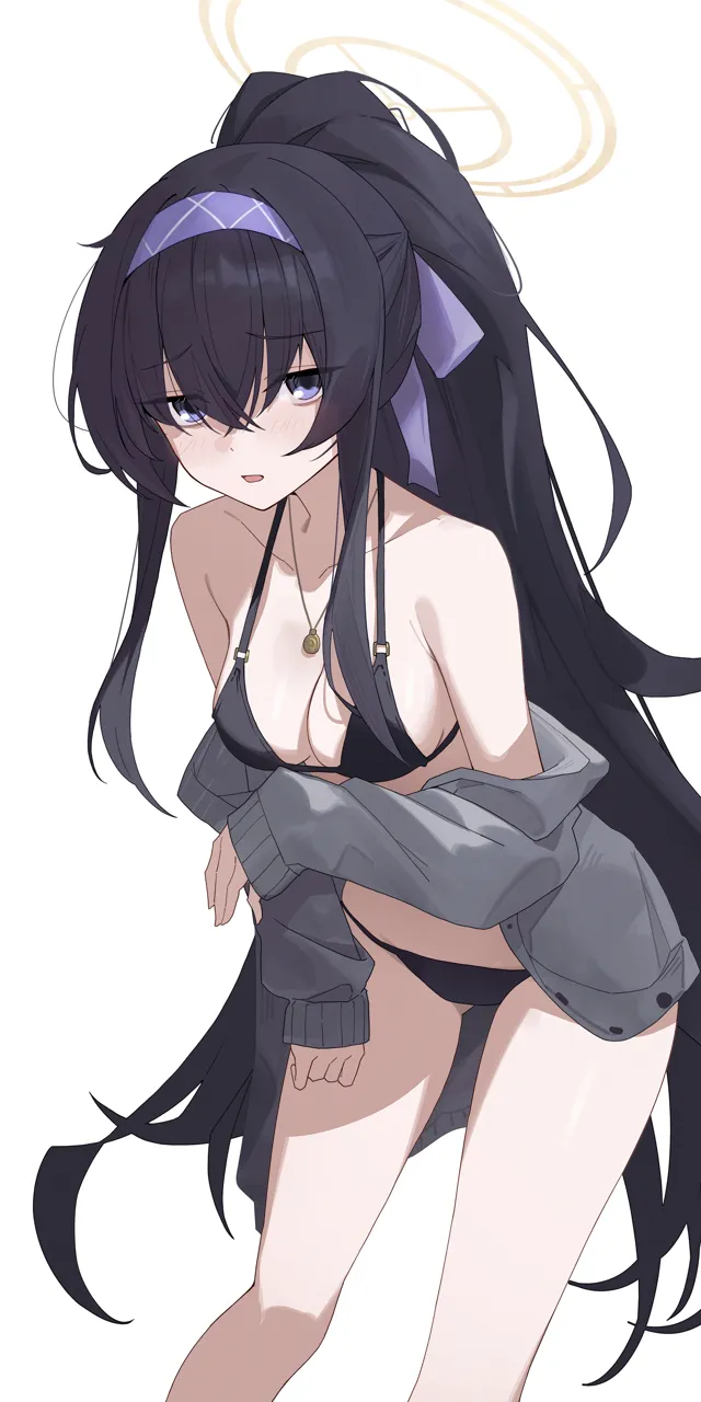 1girl bare_shoulders bikini black_bikini black_hair blue_eyes blush breasts collarbone grey_sweater hairband halo jewelry long_hair long_sleeves looking_at_viewer necklace official_alternate_costume open_clothes open_mouth ponytail sidelocks small_breasts solo sweater swimsuit thighs very_long_hair sukaliya blue_archive ui__blue_archive ui__swimsuit__blue_archive