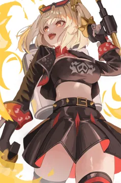 1girl belt black_belt black_jacket black_skirt black_thighhighs black_tube_top blonde_hair breasts cleavage_cutout clothing_cutout cowboy_shot crop_top cropped_jacket eyewear_on_head finger_on_trigger fire flamethrower from_below hand_up high_waist_skirt holding holding_flamethrower holding_weapon jacket large_breasts looking_to_the_side medium_hair midriff open_mouth orange_tinted_eyewear orange_eyes simple_background skirt solo spiked_belt strapless sunglasses teeth thighhighs tinted_eyewear tube_top two_side_up upper_teeth_only weapon white_background crunchy__namtaehyeon1234 zenless_zone_zero burnice_white__zenless_zone_zero