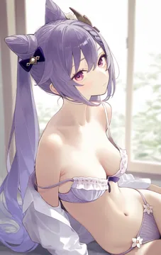 1girl alternate_costume arm_at_side bare_shoulders blurry blurry_background bow bra braid breasts cleavage closed_mouth cowboy_shot double_bun expressionless flower flower_panties frilled_bra frills from_side genshin_impact hair_between_eyes hair_bow hair_bun hair_flower hair_ornament keqing__genshin_impact leaning_to_the_side long_hair looking_at_viewer looking_to_the_side medium_breasts navel no_pants open_clothes open_shirt panties poki__j0ch3fvj6nd purple_bow purple_bra purple_eyes purple_hair purple_panties shirt shirt_partially_removed sitting solo stomach strap_slip swept_bangs twintails underwear white_flower white_shirt window