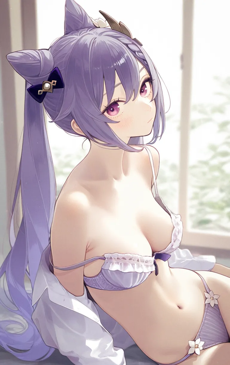 1girl alternate_costume arm_at_side bare_shoulders blurry blurry_background bow bra braid breasts cleavage closed_mouth cowboy_shot double_bun expressionless flower flower_panties frilled_bra frills from_side genshin_impact hair_between_eyes hair_bow hair_bun hair_flower hair_ornament keqing__genshin_impact leaning_to_the_side long_hair looking_at_viewer looking_to_the_side medium_breasts navel no_pants open_clothes open_shirt panties poki__j0ch3fvj6nd purple_bow purple_bra purple_eyes purple_hair purple_panties shirt shirt_partially_removed sitting solo stomach strap_slip swept_bangs twintails underwear white_flower white_shirt window