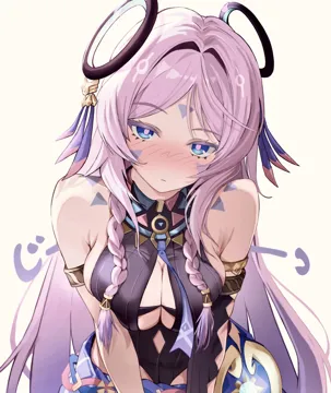 1girl bare_shoulders black_leotard blue_eyes blush breasts cleavage_cutout clothing_cutout colored_eyelashes facial_mark hair_intakes hair_ornament large_breasts leotard long_hair pink_eyes purple_sarong sarong simple_background solo triangle triangle_facial_mark upper_body white_background pinjirooo genshin_impact citlali__genshin_impact