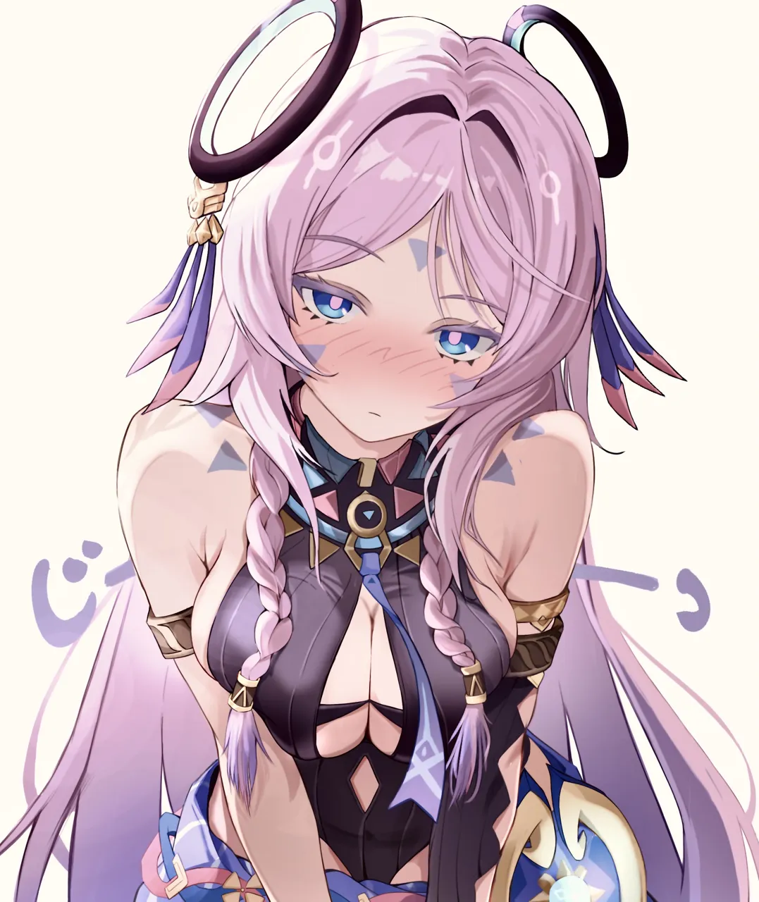 1girl bare_shoulders black_leotard blue_eyes blush breasts cleavage_cutout clothing_cutout colored_eyelashes facial_mark hair_intakes hair_ornament large_breasts leotard long_hair pink_eyes purple_sarong sarong simple_background solo triangle triangle_facial_mark upper_body white_background pinjirooo genshin_impact citlali__genshin_impact