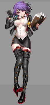 1girl areola_slip ass_visible_through_thighs badge belt_boots black_boots black_gloves black_thighhighs book boots braid breasts choker cleavage full_body gloves high_heel_boots high_heels jacket large_breasts leather leather_boots leather_gloves leather_jacket long_legs looking_at_viewer miniskirt open_clothes open_shirt partially_unbuttoned pink_eyes purple_eyes purple_hair shirt short_hair simple_background single_braid skirt solo thigh_boots thigh_strap thighhighs unbuttoned zettai_ryouiki as109 m_a_d_mafia_is_all_dead