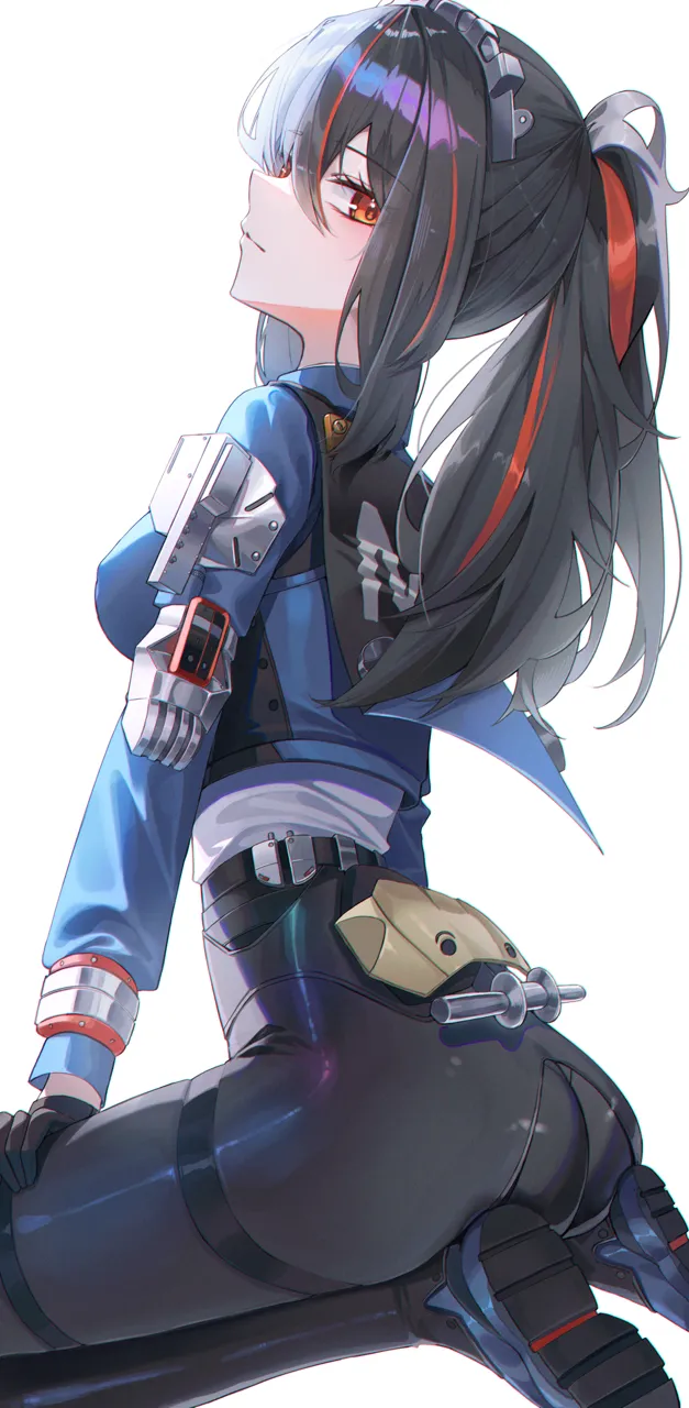 1girl ass black_gloves black_hair black_pants blue_footwear blue_jacket breasts closed_mouth gloves hair_between_eyes hand_on_own_thigh handlebar high_waist_pants jacket long_hair looking_at_viewer medium_breasts metal_hairband multicolored_hair pants police police_uniform policewoman ponytail red_eyes red_hair seiza shirt_tucked_in simple_background sitting solo streaked_hair tight_clothes tight_pants white_background white_undershirt domi__hongsung0819 zenless_zone_zero zhu_yuan__zenless_zone_zero