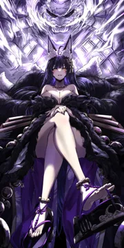 1girl ahoge animal_ear_fluff animal_ears armor black_hair black_nails breasts cleavage crossed_legs electricity facial_mark feet fox_ears fox_girl fox_tail fur_trim hair_ornament huge_breasts japanese_armor jewelry legs long_hair looking_at_viewer magatama magatama_necklace mask multiple_tails nail_polish necklace okobo orange_eyes parted_lips platform_sandals sandals shoe_dangle soles solo tail toenail_polish toenails toes whisker_markings taiju__gr09kuma azur_lane musashi__azur_lane