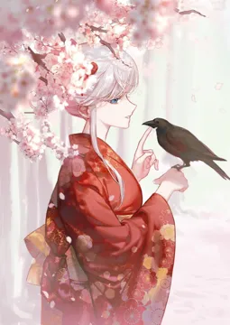 1girl bird bird_on_hand blue_eyes branch cherry_blossoms crow floral_print hair_up japanese_clothes kimono looking_at_viewer outdoors parted_lips print_kimono profile red_kimono sidelocks sideways_glance smile solo upper_body white_hair smilesmile1312