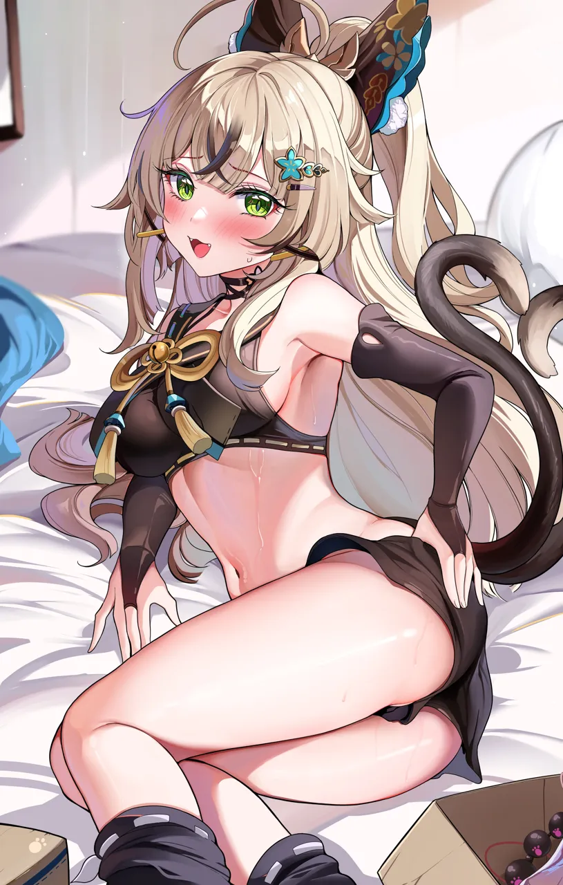 1girl ahoge anal_beads animal_ears bare_shoulders black_choker black_leg_warmers black_tank_top box breasts brown_tank_top cat_ears cat_girl cat_tail choker coat collared_vest crop_top delivery detached_sleeves double_parted_bangs fangs genshin_impact green_eyes hair_ornament hairclip kirara__genshin_impact komaniya_express__genshin_impact leg_warmers long_hair looking_at_viewer loose_socks lying midriff multiple_tails on_side open_mouth sak__lemondisk sex_toy sleeveless sleeveless_coat socks solo sweat tail tank_top thighs two_tails vest