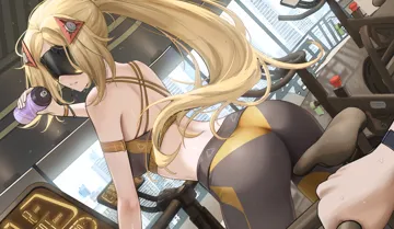 1girl 1other ass back black_blindfold blindfold blonde_hair bottle breasts covered_eyes exercise_bike exercise_machine exercising gym long_hair looking_back loose_hair_strand open_mouth pants parted_bangs ponytail solo sports_bra sweat tight_clothes tight_pants very_long_hair water_bottle yoga_pants raidriar_18 zenless_zone_zero trigger__zenless_zone_zero