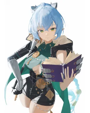 1girl black_shorts blue_hair book braid breasts cape cleavage_cutout closed_mouth clothing_cutout cropped_legs green_cape green_eyes green_shirt hand_on_own_hip high_waist_shorts holding holding_book holding_staff looking_at_viewer low_twin_braids medium_breasts open_mouth pointy_ears shirt shorts simple_background sleeveless sleeveless_jacket smile solo staff twin_braids white_background lupinu5 zenless_zone_zero lucia__zenless_zone_zero