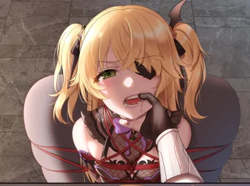 2girls bare_shoulders bdsm blonde_hair blush bondage bound bow breasts eyepatch female_pov femdom finger_in_another_s_mouth fischl__genshin_impact genshin_impact gloves grabbing_another_s_chin green_eyes hair_over_one_eye hair_ribbon hand_on_another_s_chin haneru height_difference long_hair lumine__genshin_impact multiple_girls open_mouth pov restrained ribbon small_breasts solo_focus teeth two_side_up upper_body yuri