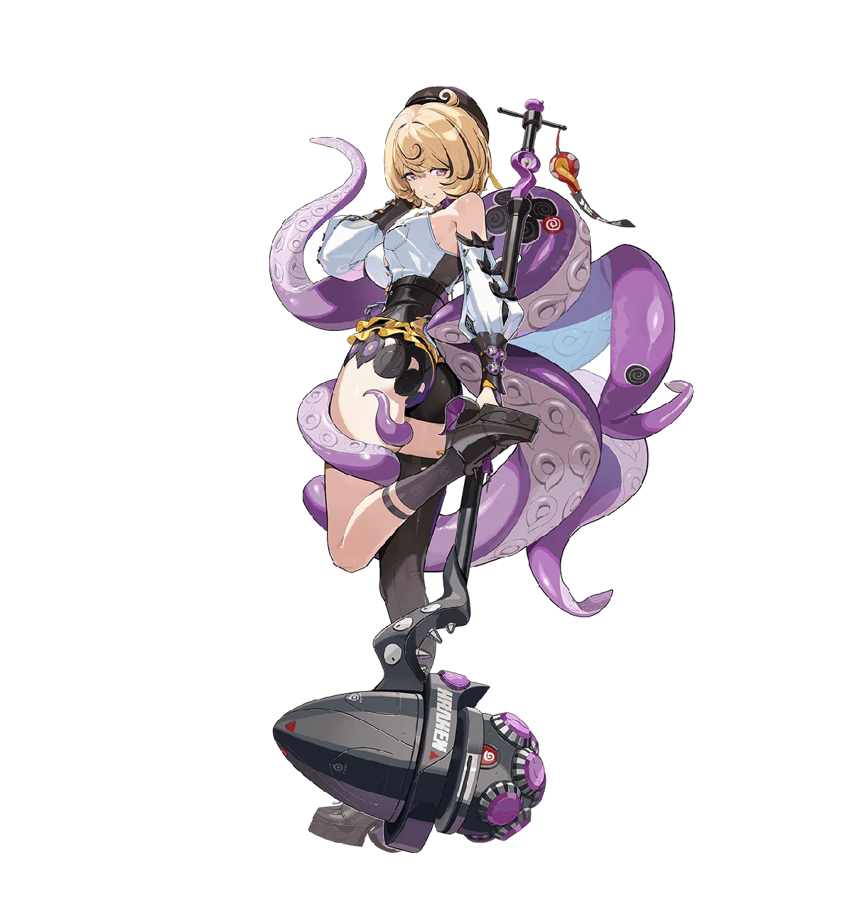 1girl ass asymmetrical_shorts bare_shoulders beret black_hat blonde_hair bow breasts detached_sleeves frills gloves hat high_waist_shorts looking_at_viewer looking_back medium_breasts monster_girl multicolored_eyes purple_eyes scylla short_hair shorts sideboob solo tentacles transparent_background zenless_zone_zero yidhari__zenless_zone_zero