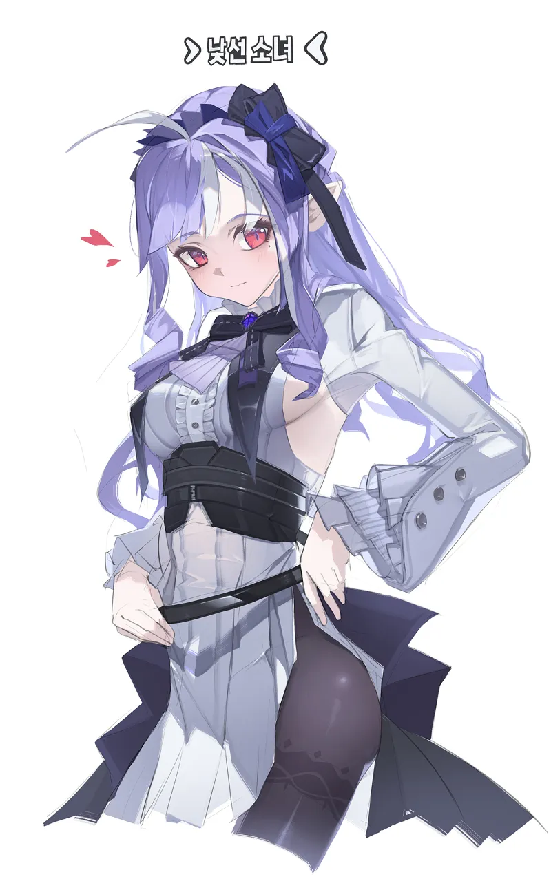 1girl ahoge black_pantyhose bow breasts closed_mouth hair_between_eyes hair_bow heart lolita_fashion long_hair looking_at_viewer medium_breasts multicolored_hair pantyhose pointy_ears purple_hair red_eyes simple_background smile solo streaked_hair two_tone_hair vampire white_background white_hair plabit zenless_zone_zero vivian__zenless_zone_zero