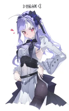 1girl ahoge black_pantyhose bow breasts closed_mouth hair_between_eyes hair_bow heart lolita_fashion long_hair looking_at_viewer medium_breasts multicolored_hair pantyhose pointy_ears purple_hair red_eyes simple_background smile solo streaked_hair two_tone_hair vampire white_background white_hair plabit zenless_zone_zero vivian__zenless_zone_zero