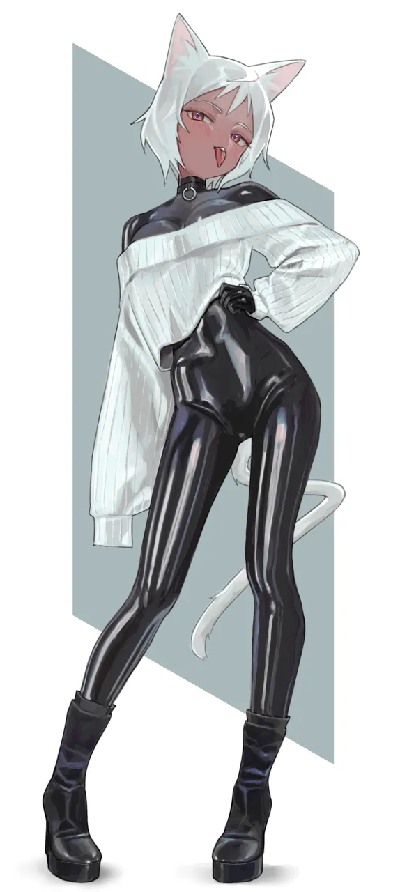 1girl animal_ears black_bodysuit bodysuit bodysuit_under_clothes boots borrowed_character brown_eyes cat_ears cat_girl cat_tail contrapposto dark_skinned_female dark_skin full_body grey_background hand_on_own_hip latex latex_bodysuit long_hair long_sleeves looking_at_viewer off_shoulder shiny_clothes skin_tight sleeves_past_wrists solo standing tail tongue tongue_out two_tone_background very_long_hair white_background white_hair saaal653