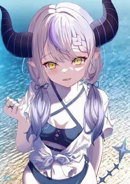 1girl alternate_hairstyle arm_behind_back bikini bikini_under_clothes blue_bikini blush braid breasts demon_girl demon_horns fangs gradient_hair grey_hair hair_tie horns jewelry long_hair looking_at_viewer multicolored_hair ocean open_mouth outdoors pointy_ears purple_hair ring shirt single_braid skin_fangs small_breasts solo streaked_hair striped_horns swimsuit tail tied_shirt twintails virtual_youtuber white_shirt yellow_eyes maria_onnette hololive la__darknesss__hololive