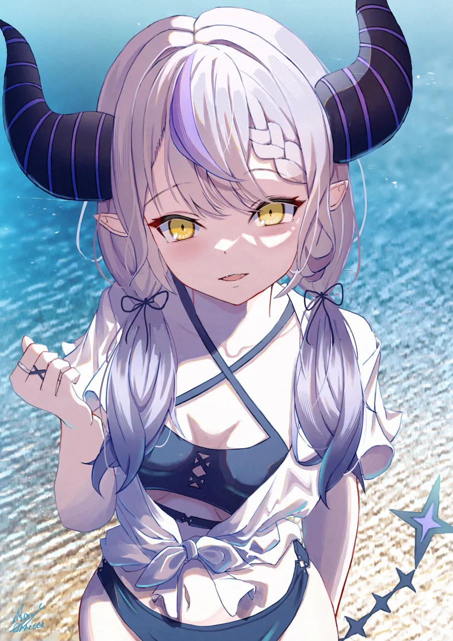 1girl alternate_hairstyle arm_behind_back bikini bikini_under_clothes blue_bikini blush braid breasts demon_girl demon_horns fangs gradient_hair grey_hair hair_tie horns jewelry long_hair looking_at_viewer multicolored_hair ocean open_mouth outdoors pointy_ears purple_hair ring shirt single_braid skin_fangs small_breasts solo streaked_hair striped_horns swimsuit tail tied_shirt twintails virtual_youtuber white_shirt yellow_eyes maria_onnette hololive la__darknesss__hololive