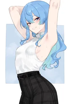 1girl alternate_costume armpit_focus armpits arms_up belt black_belt black_pants blue_eyes blue_hair bluefield breasts grin hololive hoshimachi_suisei long_hair pants presenting_armpit shirt sleeveless sleeveless_shirt small_breasts smile solo star__symbol star_in_eye sweat sweaty_armpits symbol_in_eye teeth turtleneck virtual_youtuber wavy_hair white_shirt