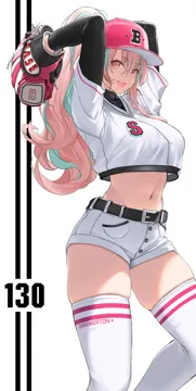 1girl alternate_costume azur_lane baseball_cap baseball_mitt baseball_uniform belt black_belt black_stripes breasts bremerton__azur_lane cosplay crop_top crop_top_overhang cropped_shirt dishwasher1910 green_hair hair_between_eyes hat intrepid__azur_lane intrepid__azur_lane__cosplay intrepid__one_intrepid_pitch__azur_lane large_breasts long_sleeves midriff multicolored_hair navel open_mouth pink_eyes pink_hair short_shorts shorts skindentation smile solo sportswear thighhighs thighs two_tone_hair white_background white_shorts white_thighhighs