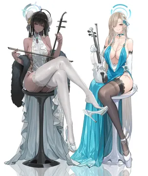 2girls ahoge alternate_costume asuna__blue_archive asymmetrical_bangs bare_shoulders black_thighhighs blonde_hair blue_archive blue_dress blue_eyes blush bow__music breasts bun_cover china_dress chinese_clothes cleavage cloud_print collarbone cowl_neck crossed_legs dark_skin dark_skinned_female dishwasher1910 double_bun dress earrings elbow_gloves erhu evening_gown extreme_dangling feather_boa feet foot_dangle fur_trim fur_trimmed_sleeves garter_straps gloves grey_thighhighs grin hair_bun hair_over_one_eye halo halter_dress halterneck high_collar high_heels holding holding_bow__music holding_instrument holding_violin instrument jewelry karin__blue_archive lace_trim lace_trimmed_thighhighs ladder_cutout large_breasts left_handed long_bangs long_hair long_legs looking_at_viewer multiple_girls music_stand navel no_bra no_panties on_stool one_eye_covered platform_footwear plunging_neckline reflective_floor revealing_clothes sheet_music shoe_dangle side_slit sideboob sideless_dress sideless_outfit simple_background sitting sleeveless sleeveless_dress smile stool thighhighs very_long_hair violin white_background white_footwear white_gloves white_thighhighs