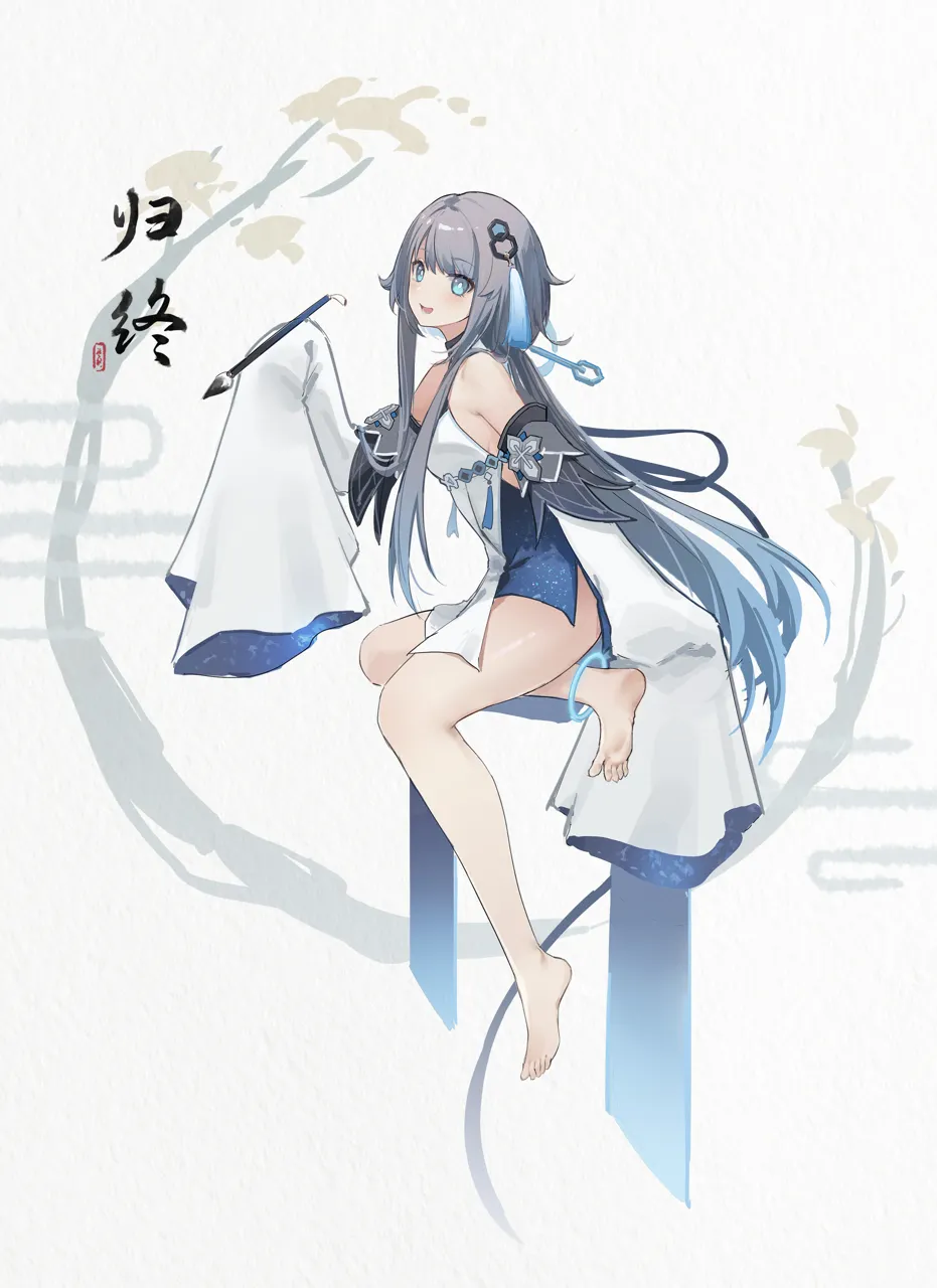 1girl anklet bare_legs bare_shoulders barefoot blue_eyes breasts calligraphy_brush detached_sleeves feet grey_hair hair_ornament halo_anklet holding holding_brush jewelry legs long_hair long_sleeves looking_at_viewer medium_breasts open_mouth paintbrush sleeves_past_wrists smile soles solo spread_toes thighs toes yukiri__l_ii genshin_impact guizhong__genshin_impact
