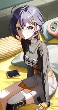 1girl ahoge black_shirt black_thighhighs blue_hair breasts clothes_writing earrings feet_out_of_frame fingerless_gloves gloves green_eyes grey_skirt jewelry looking_at_viewer medium_breasts miniskirt orange_gloves shirt short_hair single_thighhigh sitting skirt smile solo tablet_pc thighhighs thighs nasol zenless_zone_zero belle__zenless_zone_zero