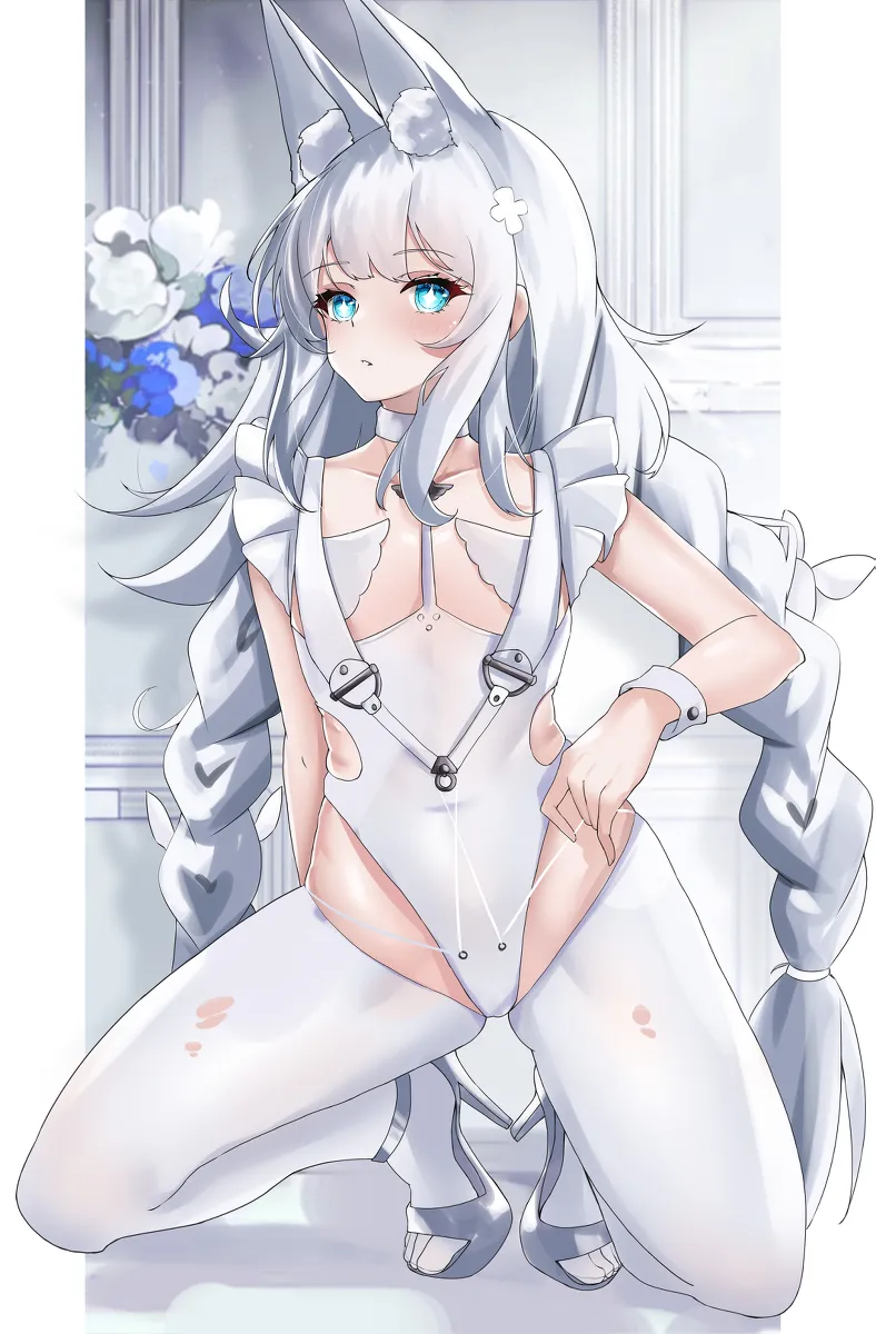 1girl animal_ear_fluff animal_ears border bow braid choker collarbone frills hair_bow hair_ornament hairpin high_heels leotard long_hair looking_at_viewer official_alternate_costume outside_border pantyhose parted_lips playboy_bunny rabbit_ears sandals sidelocks sleeveless solo squatting twin_braids twintails white_hair white_leotard white_pantyhose wrist_cuffs musicatopos azur_lane le_malin__azur_lane le_malin__listless_lapin__azur_lane