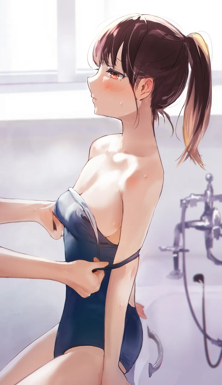 1girl 1other arm_support backless_swimsuit bare_shoulders bathroom bathtub blue_one_piece_swimsuit blush breasts brown_hair cleavage clothes_pull collarbone ear_blush embarrassed looking_away nape new_school_swimsuit off_shoulder one_piece_swimsuit one_piece_swimsuit_pull ponytail profile pulling_another_s_clothes school_swimsuit sideboob sitting small_breasts solo_focus strap_pull sweatdrop swimsuit undressing window tomozero