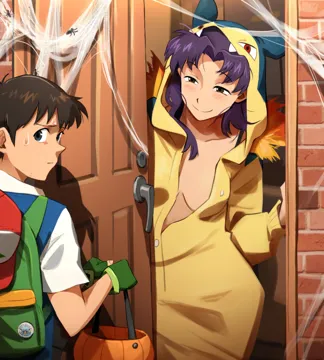 1boy 1girl 2024_pokemon_teraleak age_difference ash_ketchum ash_ketchum__cosplay backpack badge bag baseball_cap blue_eyes blue_shirt blush breasts brick_wall brown_eyes brown_hair bug button_badge closed_mouth collarbone cosplay cowboy_shot curtained_hair fingerless_gloves from_behind furrowed_brow gloves green_gloves halloween halloween_bucket halloween_costume hand_up hands_up hat ikari_shinji katsuragi_misato khyle kigurumi long_hair looking_at_another looking_at_viewer looking_back medium_breasts meme neon_genesis_evangelion no_bra onee_shota open_door parted_bangs pokemon pokemon__anime pokemon__classic_anime purple_hair rei_chikita shirt short_hair silk smile spider spider_web split_mouth straight_hair sweat two_tone_shirt typhlosion typhlosion__cosplay unbuttoned upper_body vaporeon vaporeon__cosplay vaporeon_copypasta__meme white_shirt wooden_door you_gonna_get_raped