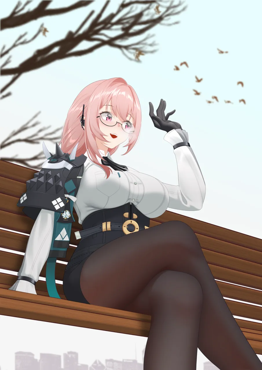 1girl black_gloves black_pantyhose breasts crossed_legs feet_out_of_frame glasses gloves hand_up high_waist_skirt large_breasts long_hair long_sleeves open_mouth pantyhose pink_hair purple_eyes shirt sidelocks sitting skirt smile solo thighs white_shirt sasaki3rd zenless_zone_zero tsukishiro_yanagi__zenless_zone_zero