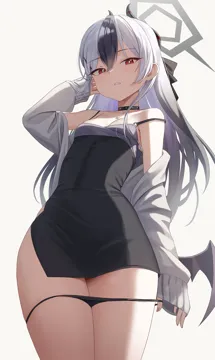 1girl black_choker black_dress black_hair black_horns black_panties breasts choker cleavage cowboy_shot demon_horns demon_wings dress grey_hair grey_halo grey_jacket hair_between_eyes half_closed_eyes halo horns jacket long_hair long_sleeves looking_at_viewer multicolored_hair official_alternate_costume open_clothes open_jacket open_mouth panties panty_pull purple_wings red_eyes simple_background single_wing small_breasts solo underwear white_background wings nasol blue_archive kayoko__blue_archive kayoko__dress__blue_archive