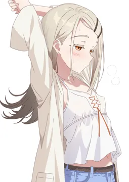 1girl arms_up blush breasts camisole denim denim_shorts earrings fingernails flipped_hair grey_hair jewelry long_hair looking_ahead navel_peek robe rope_belt shorts simple_background small_breasts solo stretching stud_earrings sweatdrop three_quarter_profile very_long_hair white_background white_camisole white_robe mana__uyvh7375 gakuen_idolmaster idolmaster shinosawa_hiro__idolmaster
